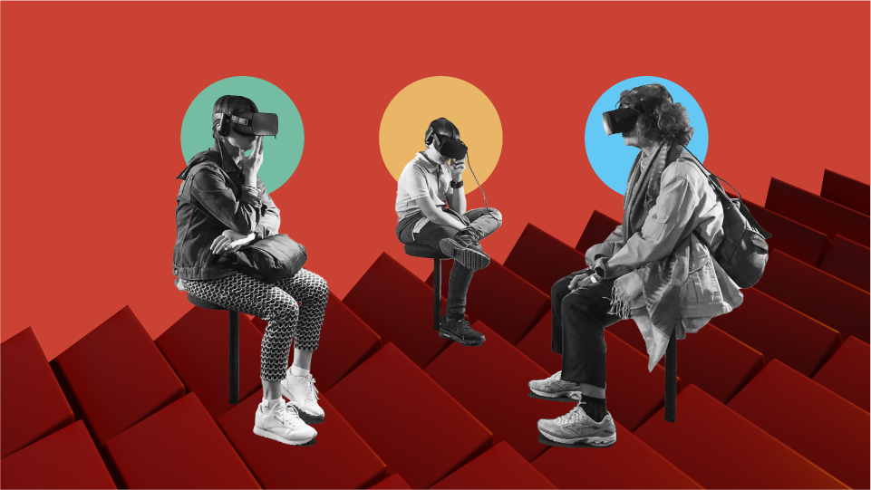 a collage of three people using their VR headsets