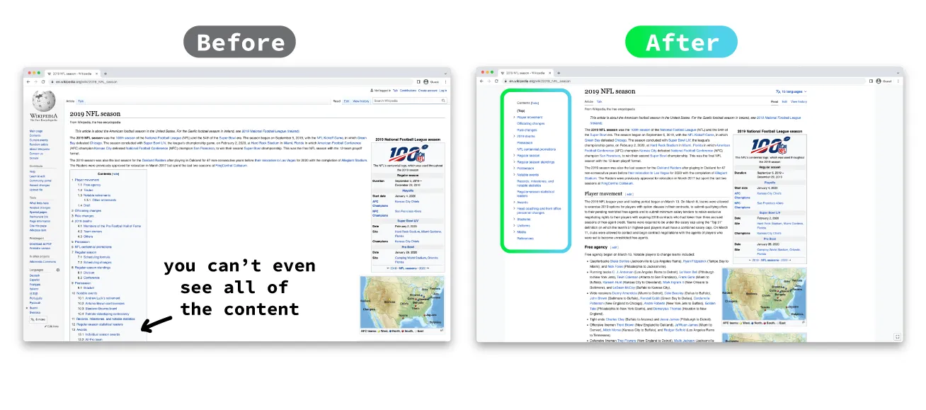 A diagram showing the redesign of the sidebar on WIkipedia.