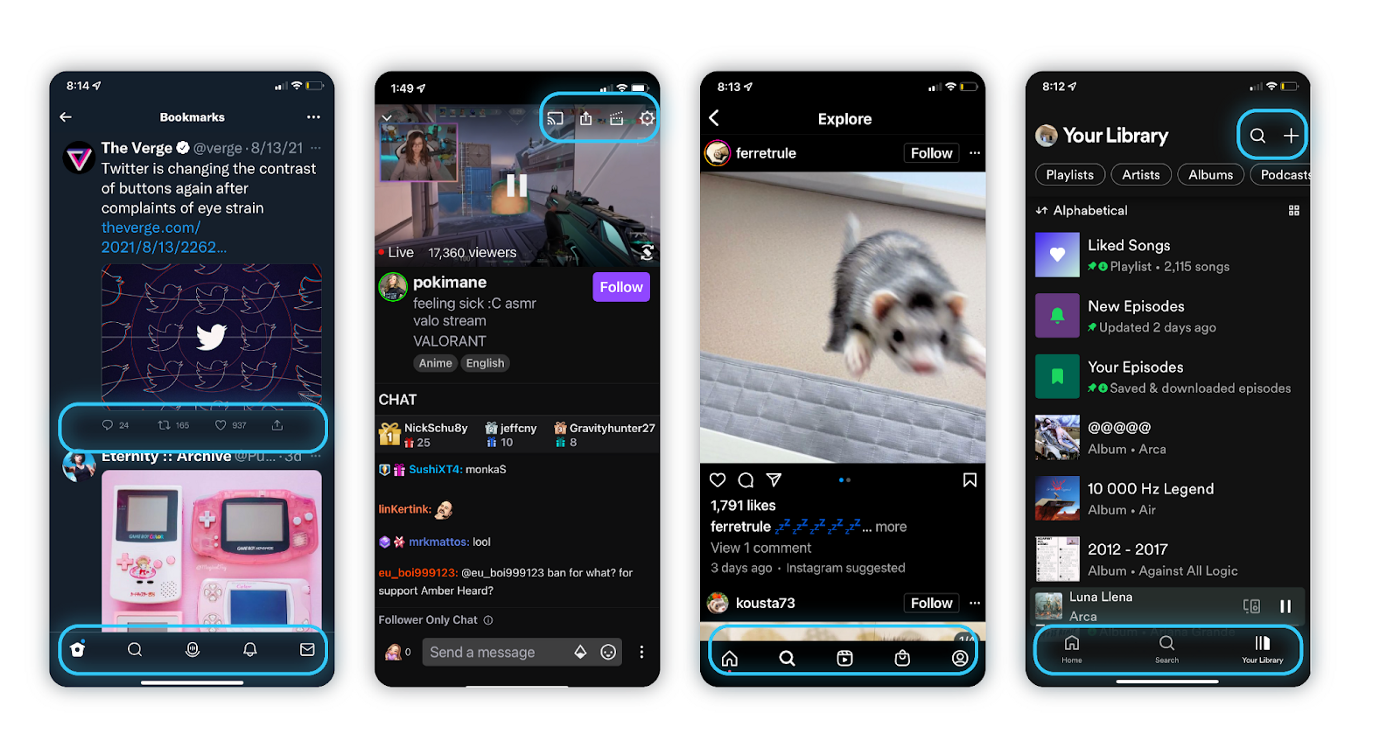 4 screenshots highlighting how UI elements are incorporated