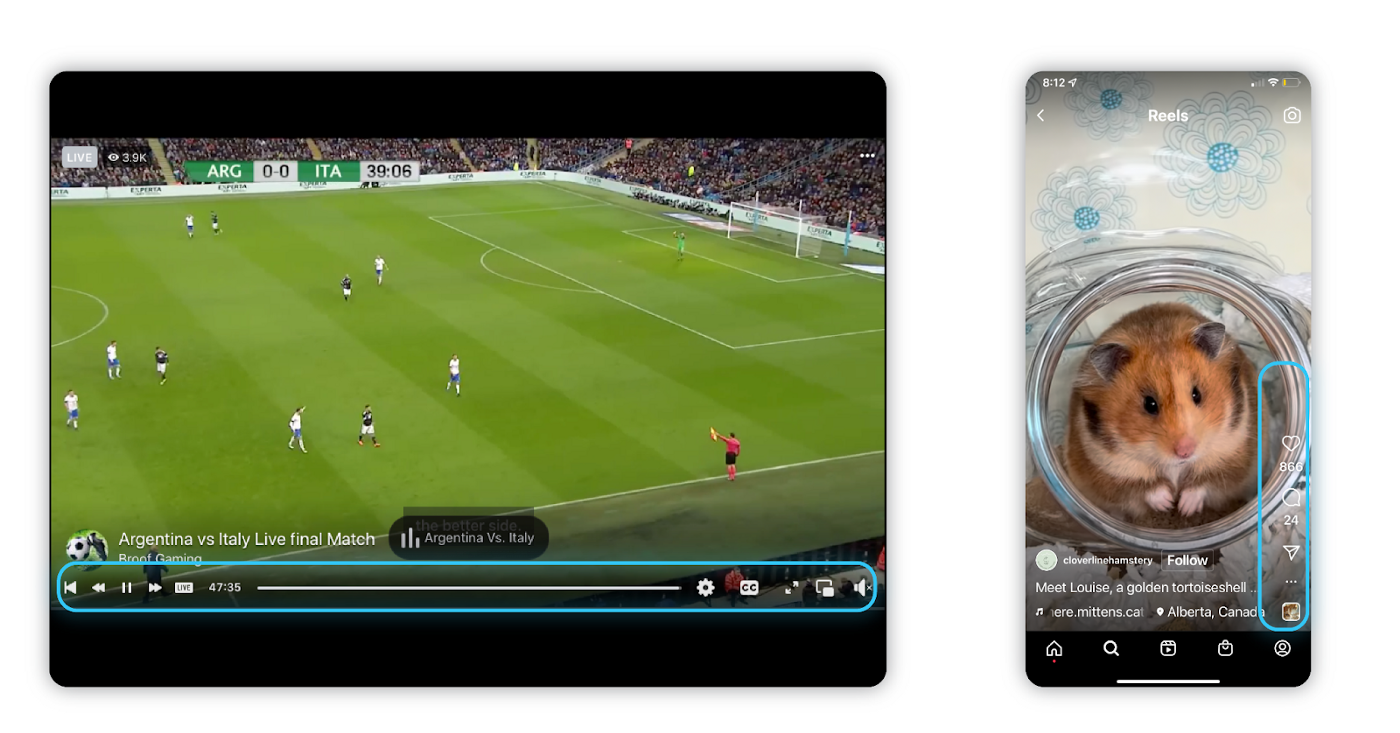 2 screenshots showing how UI elements get lost when put over a bright video