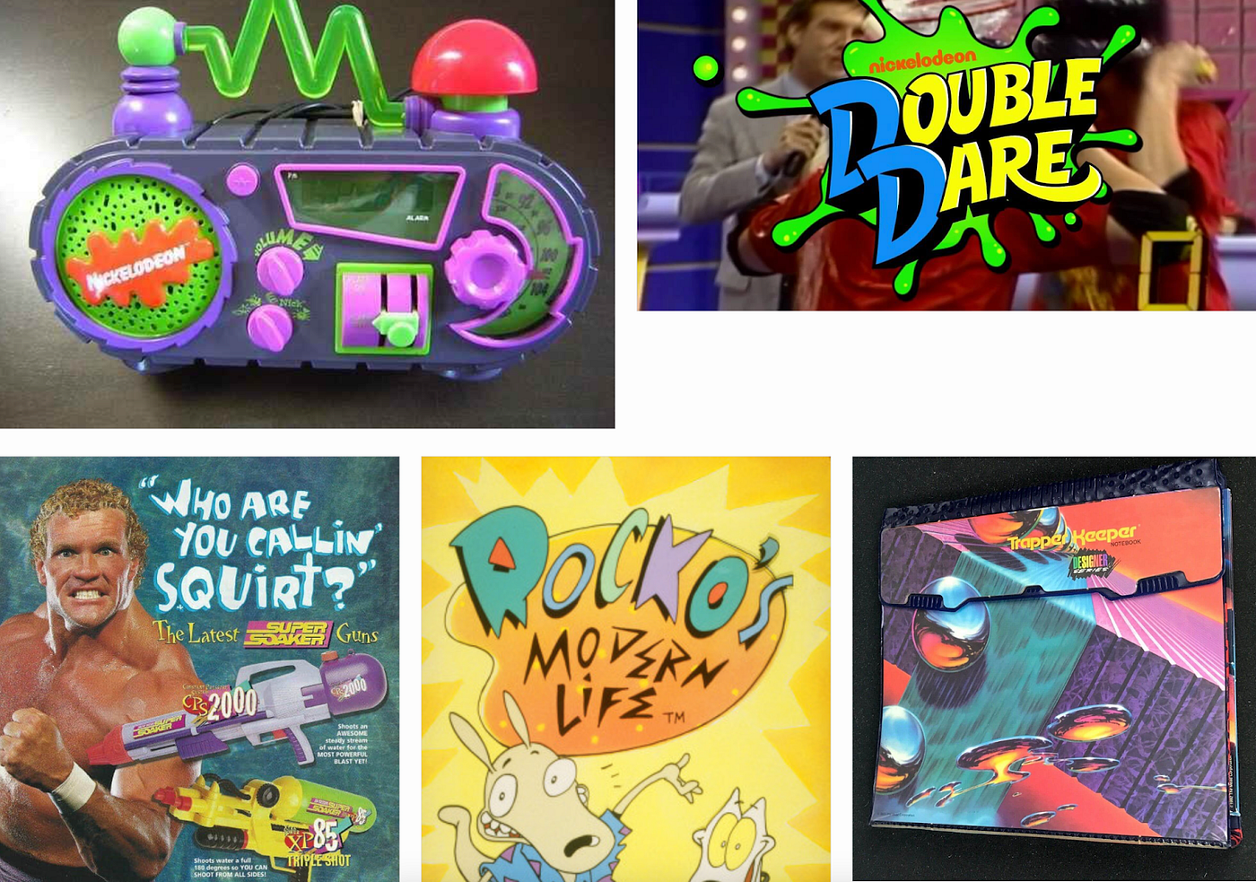 A collection of Miscellaneous ’90s vibe inspiration objects. Including Roccos modern life and Double Dare logos.