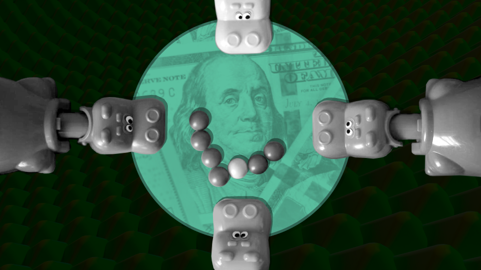 A collage of the board game "Hungry Hungry Hippos" over a picture of money.