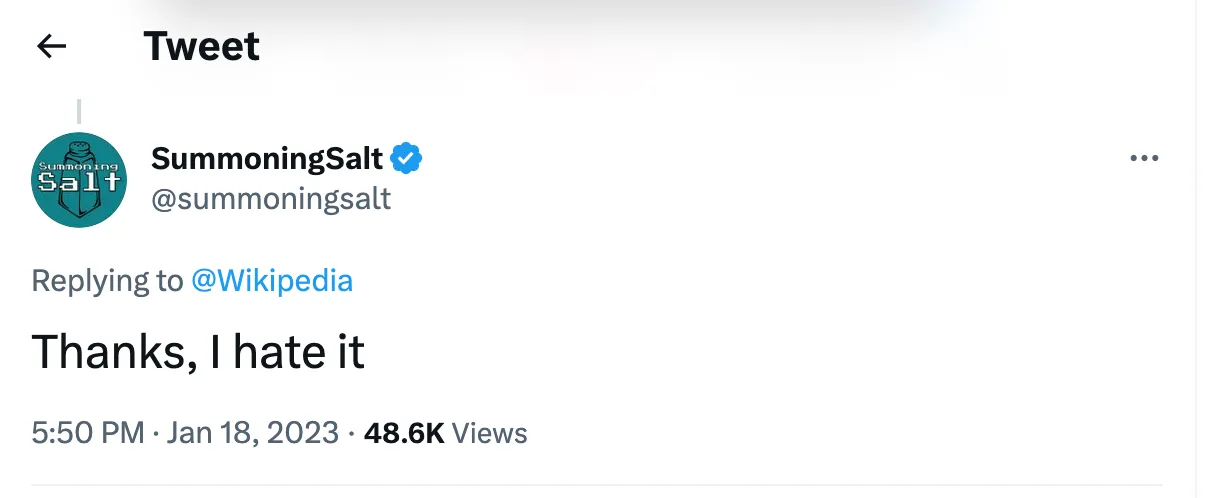 A tweet from @summoningSalt saying "Thanks, I hate it"