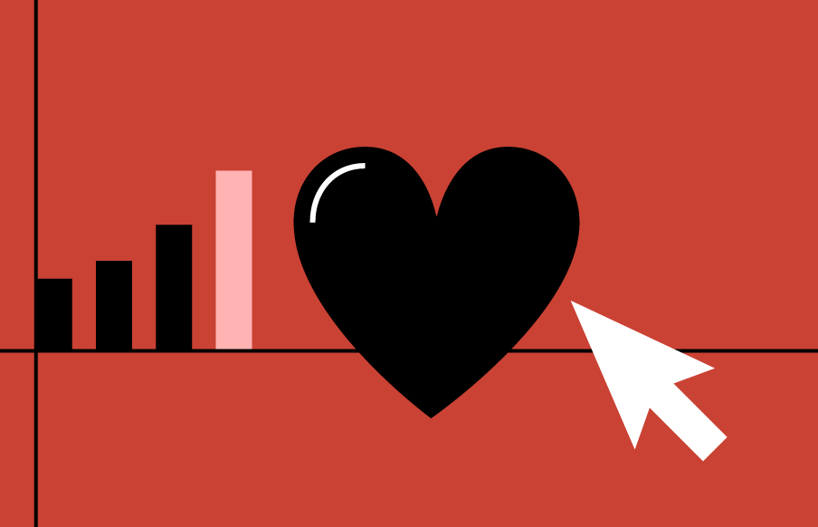 Illustration of a bar graph, a heart, and an computer arrow.