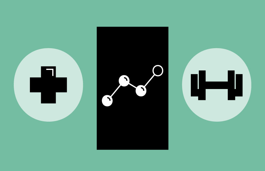 Line illustration of a phone and some health icons, like a cross and some wieghts.