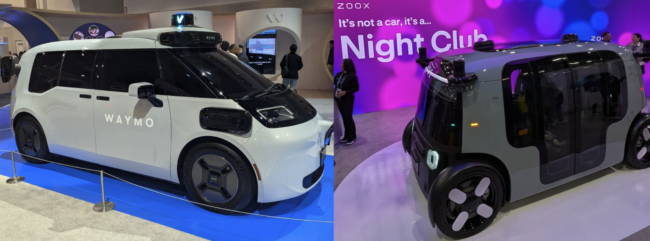 Waymo and Zoox cars on display at CES